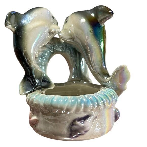 Vintage Iridescent Lustreware Ceramic Blue Dolphins on Trinket Bowl 1960s - Picture 2 of 11